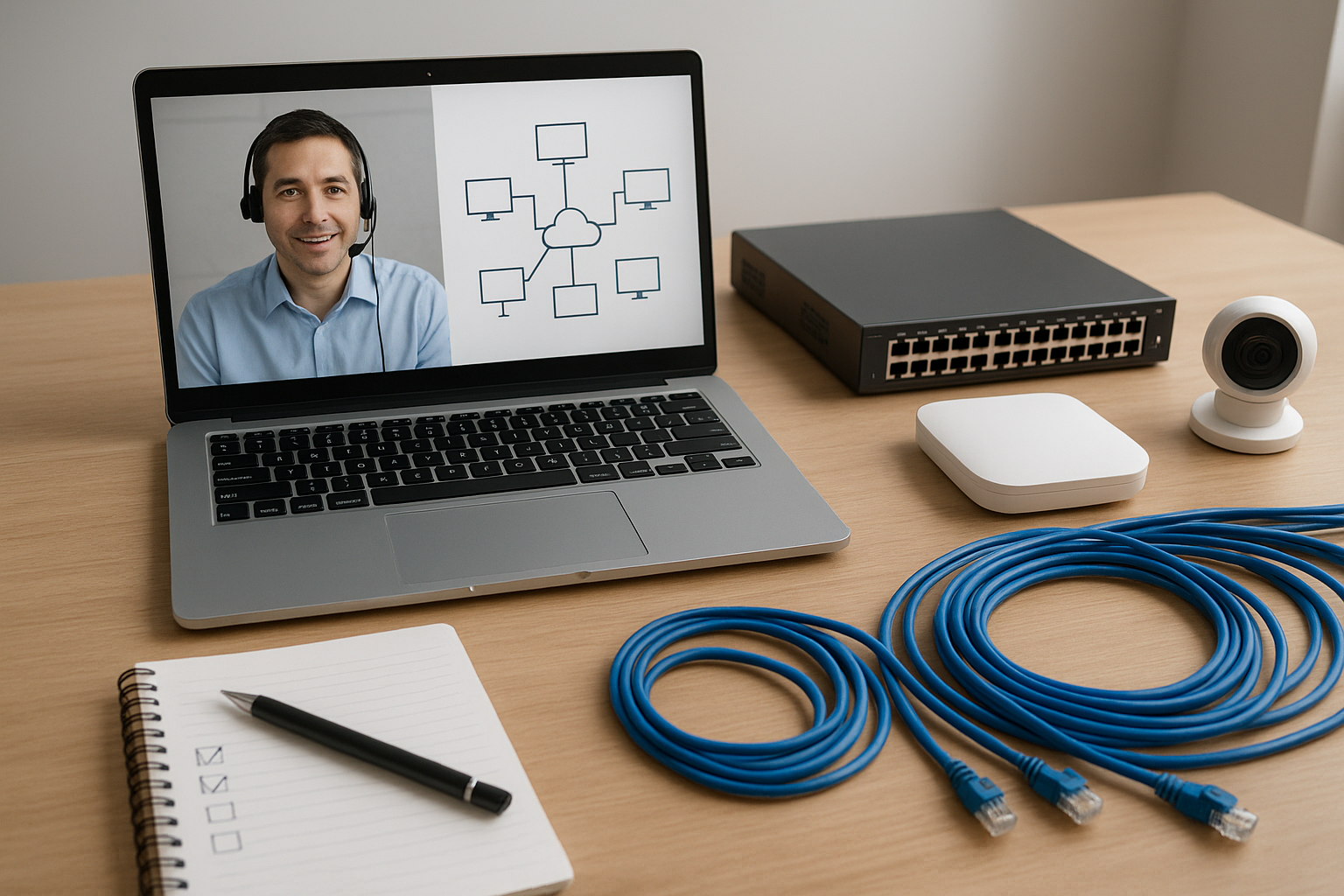 Treinamento remoto de redes TP-Link com notebook, chamada online e equipamentos