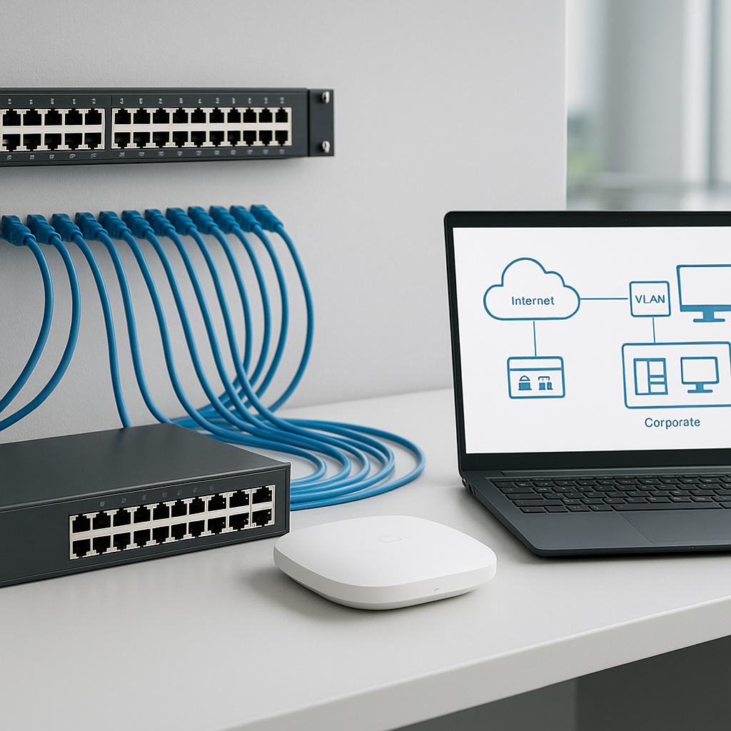 Bancada técnica com switch, cabos e diagrama de VLAN
